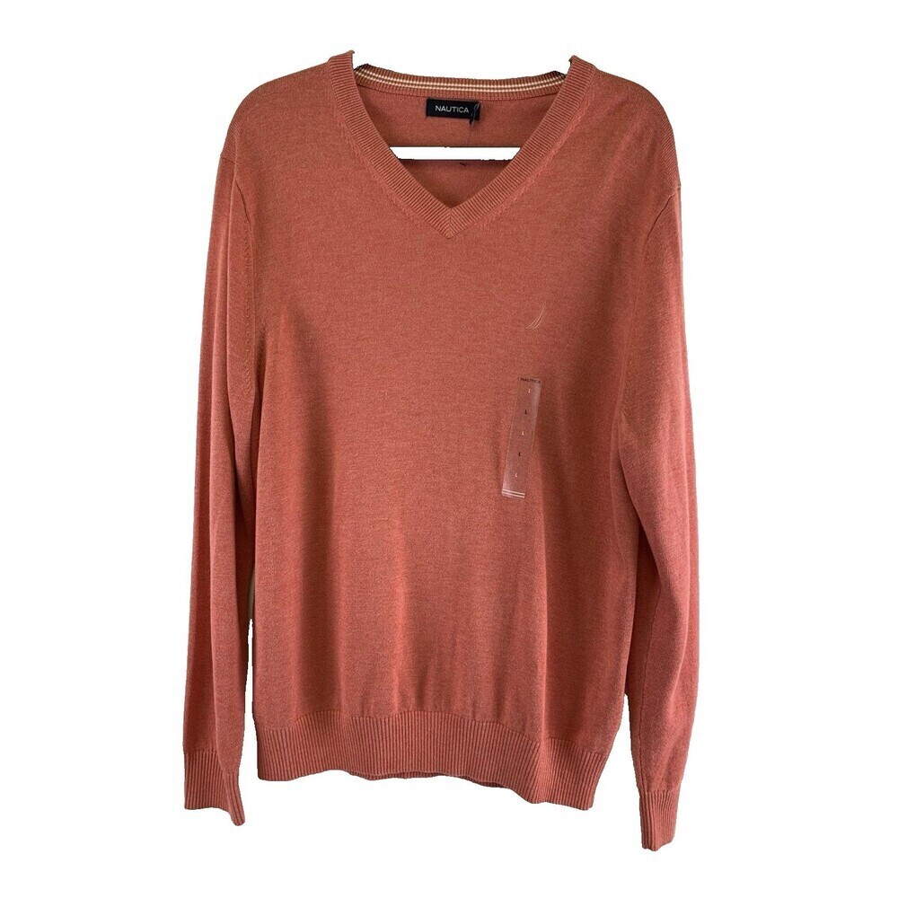 Nautica V-Neck Sweater Washed Red Heathered New Lightweight Pullover Mens Large